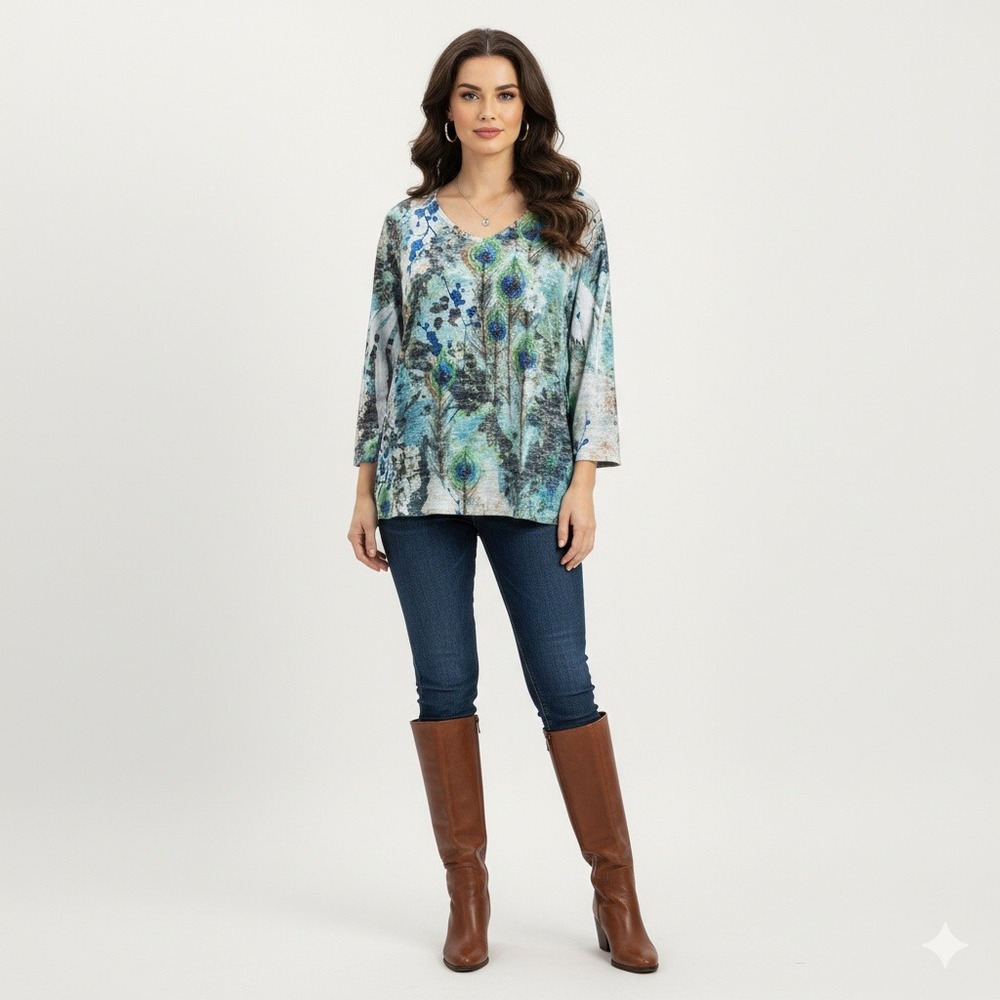 Jess and Jane Top Womens 1X‎ Blue Green Peacock Feather Floral Rhinestone Flowy
